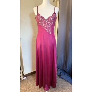 Lily of France Vintage Berry Lace Trim Maxi Nightgown Slip Dress Medium